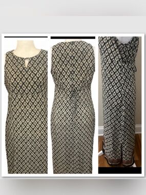 Vintage 90s Lisa Jo Boho Maxi Dress Size 14 Black Cream Geometric Tie Waist